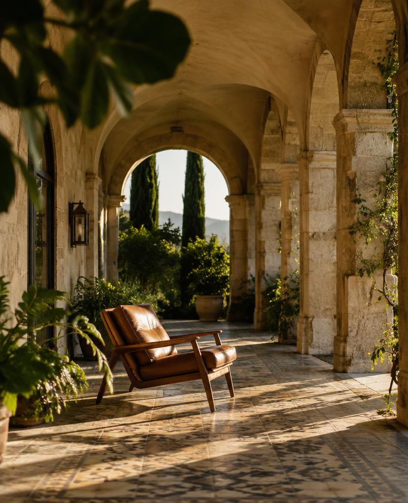 Sunlit stone archway with a leather lounge chair